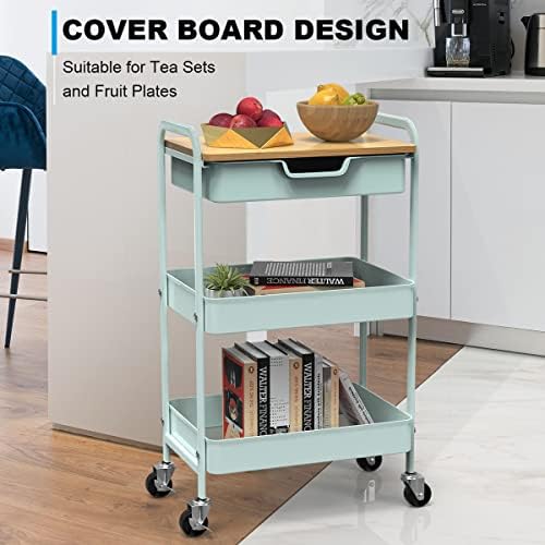 3 Tier Rolling Cart, Utility Cart with Drawer& Table Top, Mint Green - Image 4