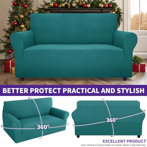 ZNSAYOTX Super Stretch Couch Cover Love Seat Sofa Covers for Living Room Dogs Pet Friendly Furniture Protector Spandex Loveseat Slipcovers with Anti Slip Foam Sticks (Peacock Teal, Loveseat) - Image 2