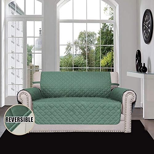 Easy-Going Reversible Loveseat Couch Cover for 2 Cushion Couch Sofa Cover for Dogs Water Resistant Furniture Protector with Foam Sticks Elastic Straps for Pet (Loveseat, Cyan/Ivory) - Image 2