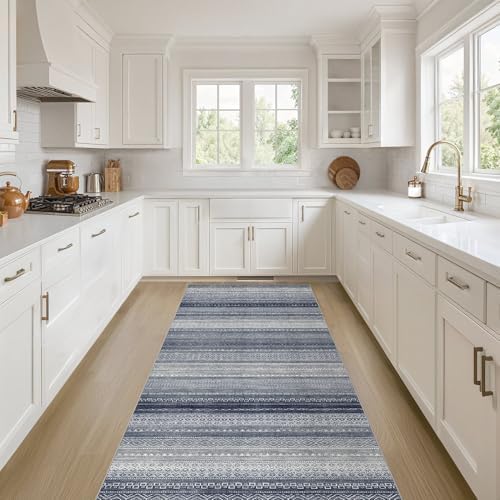 Nakagishi Area Rug Living Room Rugs: 3X8 Machine Washable Boho Large Neutral Farmhouse Stain Resistant Moroccan Indoor Floor Carpet for Bedroom Nursery Dorm Dining Room Home-Denim Blue by NakagishiAreaRug