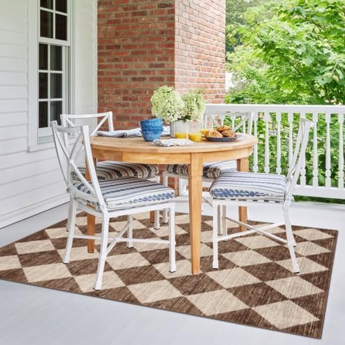 4x6 Covered Outdoor Patio Rug - Brown Beige Checkered Entry Rug - Image 6