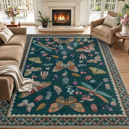 6x9 Area Rug Living Room: Soft Floral Washable Boho Carpet Teal by EXPEDIX