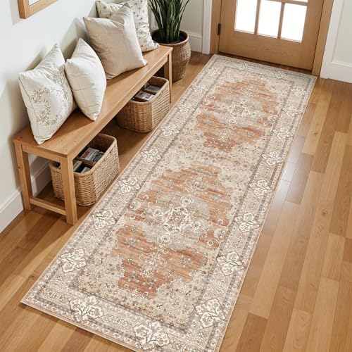 2x6 Washable Hallway Runner Rug - Non-Slip Throw Rugs Terracotta Beige - Image 3