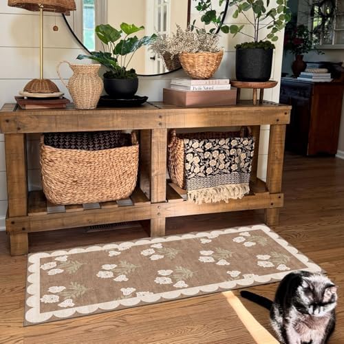 Front Door Mat Indoor Entrance, 2x4.3 Tan Boho Floral Farmhouse Rug - Image 4