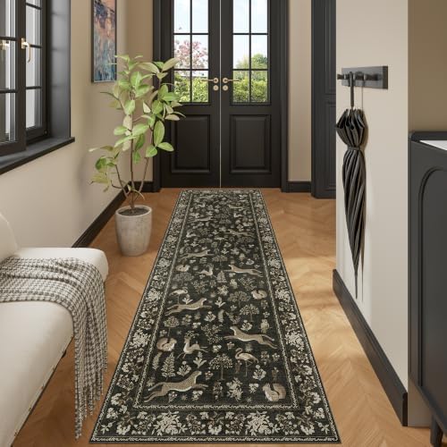 DUKINO 2x10 Rug for Hallway, Washable Kitchen Runner Rug with Non Slip Backing, Soft Low Pile Vintage Animal Runner for Bedroom, Kitchen, Hallway, Entryway, Laundry, Charcoal Black - Image 5