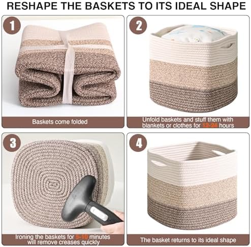 ICERZCZ 11 Inch Cube Storage Bins, Storage Cube Organizer Bins, Woven Cotton Rope Baskets for Storage, Storage Basket for Organizing Shelves, Square Baskets for Toys, Gradient Brown (Pack of 3) - Image 7
