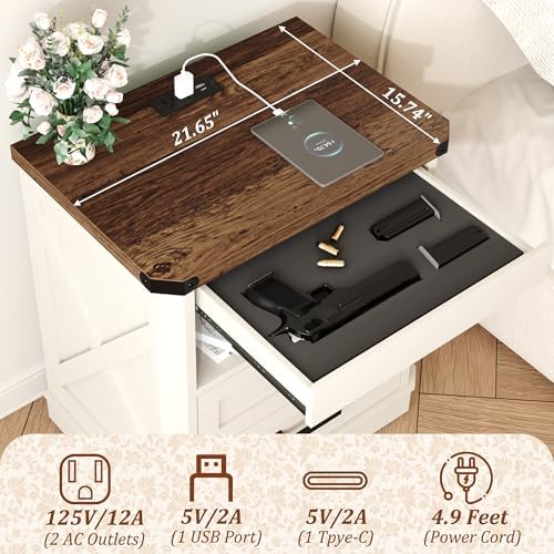 Yusong Farmhouse Night Stand with Gun Drawer & Invisible Lock, Rustic Wooden Night Stand with Charging Station, Beside Table with Drawers and Open Storage, End Tables for Bedroom, (White 004) - Image 4