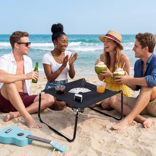 Portable Beach Table Foldable Pockets, Black, Solid Pattern - Image 2