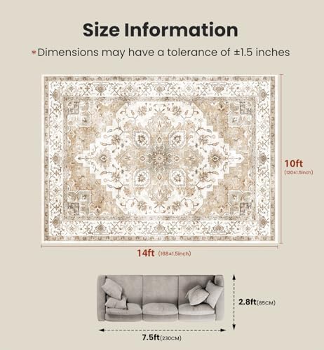 Amada Large 10x14 Washable Area Rug for Living Room, Beige, Boho Vintage - Image 2