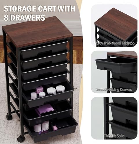 Rolling Cart with 8 Drawers, Storage Drawers Cart with Wooden Tabletop and Lockable Wheels, Craft Storage for Living Room, Office, Classroom, Craft Room, Bedroom (Black) - Image 3