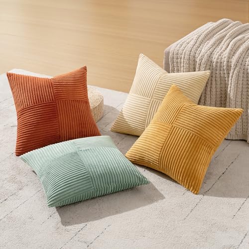 MIULEE Fall Teal Orange Decorative Throw Pillow Covers 18x18 Inch Set of 4 Boho Corduroy Striped Cushion Cases Modern Farmhouse Patchwork Pillow Cases for Couch Sofa Bedroom Home Decor - Image 6