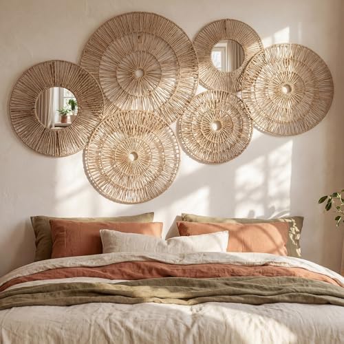 Yerliker 9 Pack Wicker Jute Wall Decor Baskets - Wicker Woven Jute Wall Mirrors Baskets Decorative Boho Hanging Woven Basket, Rustic Round Mirrors Natural Home Decor Set for Bedroom Living Room - Image 5