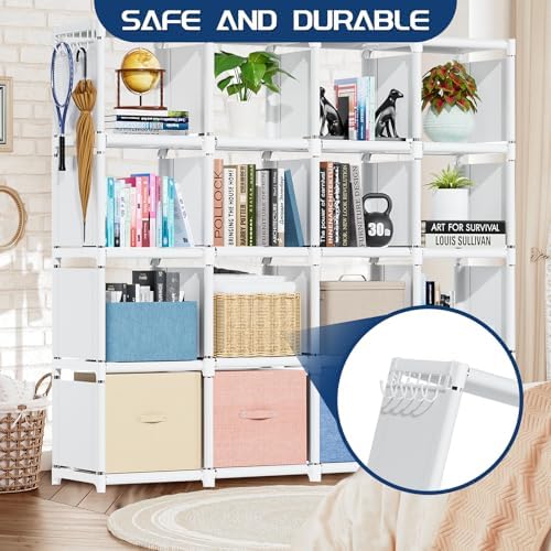 Mavivegue 16 Cube Storage Organizer Book Shelf, Metal Cube Bookshelf, DIY Bookcase, Tall Book Case for Bedroom, Living Room, Office - White - Image 6
