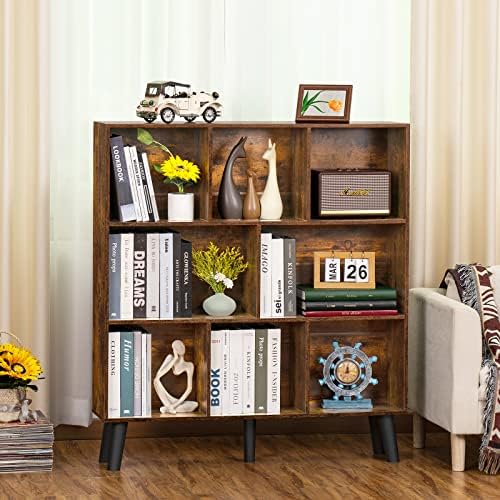 LEYAOYAO 8 Cube Bookshelf, Mid-Century Modern Book Shelf with Legs, Brown - Image 3