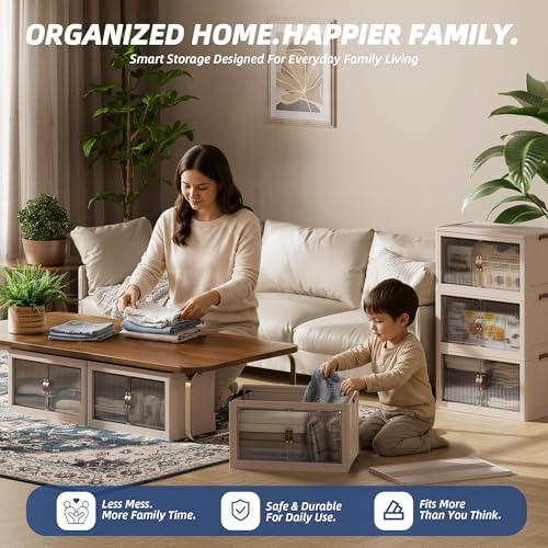 SAILUN 381Qt Extra Large Stackable Storage Bins Folding Collapsible Storage Bins with a Lid, Closet Organizers and Storage Blush White 28" W x 17" D x 46" H - Image 7