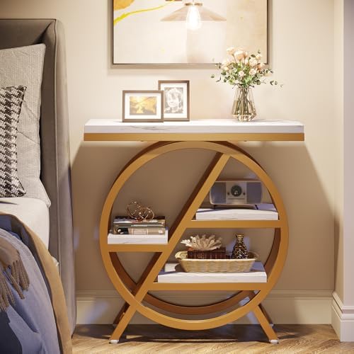 Tribesigns End Table for Living Room, 3-Tier Faux Marble Side Table with Storage, Wood Narrow Sofa Side Table with Geometric Metal Frame, Modern Nightstand and Bedside Table for Bedroom, Gold & White - Image 4
