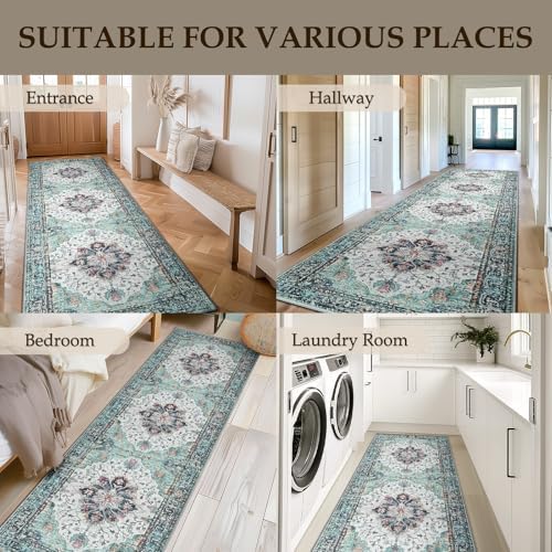 RELEANY Washable Area Rug, Runner 2'x10', Teal Green/White/Navy - Image 3