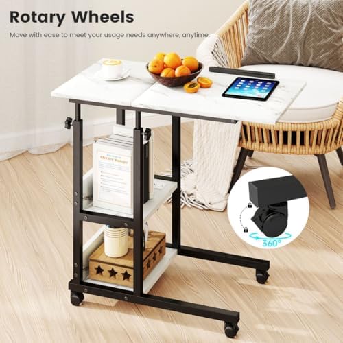 Hadulcet Adjustable C Table with Charging Station, Tiltable Desk C Shaped End Table for Couch, Over Bed Table with Wheels Adjustable Height, Hospital Table Laptop Stand Drawing Desk, Marble White - Image 5