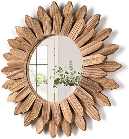 Honiway Wall Mirror Decorative 12 inch Rustic Wood Mirror Sunburst Boho Mirror for Entryway Bedroom Living Room Bathroom House Warming Gifts New Home Essential Carbonized Black by Honiway