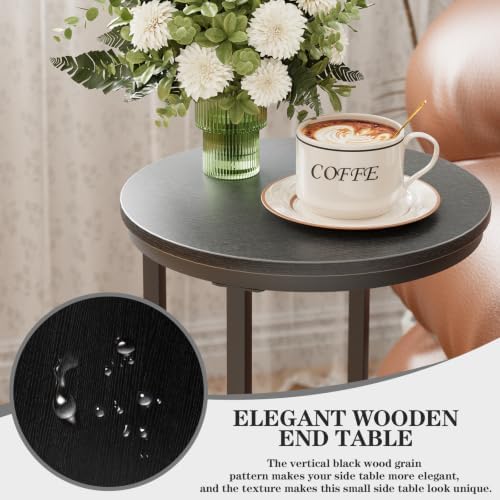 C Shaped end Table,Wood Round Side Table for Couch,Small Sofa Table with Metal Frame for Bedroom,Living Room,Bedside,Black Wood Grain(11.81" D x 11.81" W x 23.62" H) - Image 6