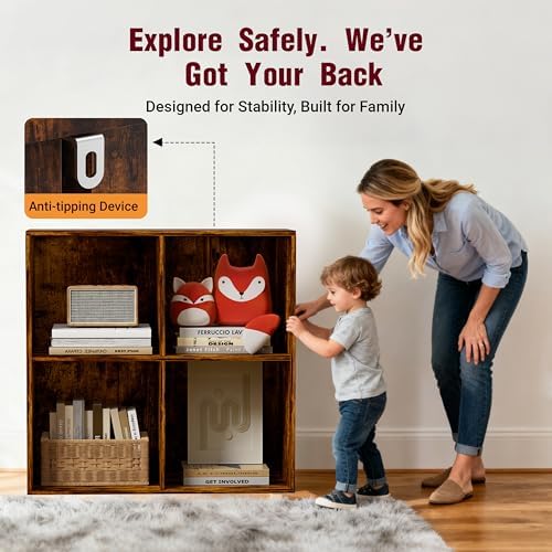 Book Shelf, Wooden Cube Storage Organizer with 11" Open Cubes, Stackable Bookcase for Room Divider Storage, 2 Tier Bookshelf for Living Room, Bedroom, Office (Indonesian Antique Oak, 4-Cube) - Image 4