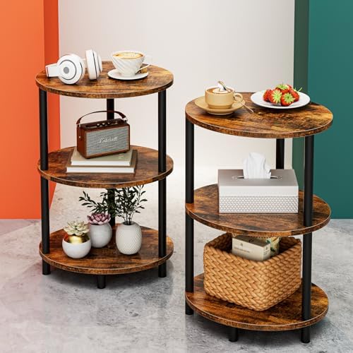 Small Round Side Table - 3-Tier Oval Accent Table for Small Spaces, Rustic Wood and Metal Couch End Table, Nightstand for Bedroom or End Table Living Room, Set of 2, Rustic Brown by RISWER