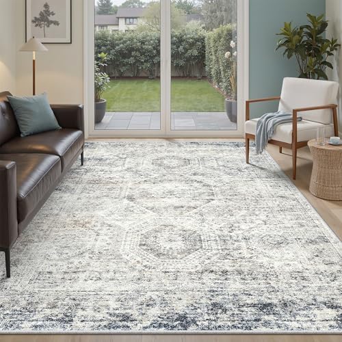 Soalmost 7x9 Area Rug for Living Room Washable Rugs Non-Slip Blue/Ivory - Image 2