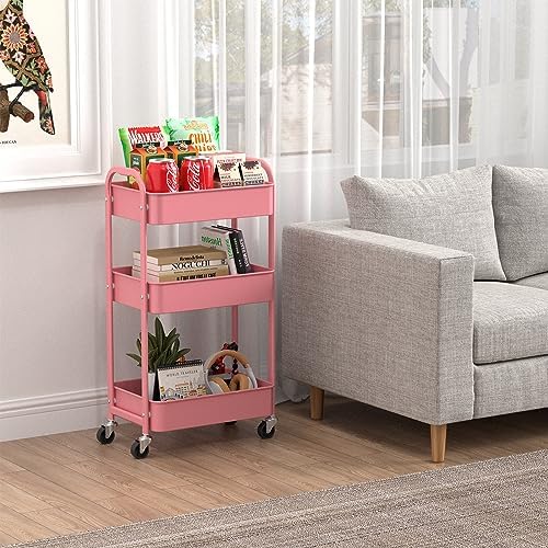 MAX Houser 3-Tier Rolling Utility Cart with Caster Wheels,Easy Assembly, for Kitchen, Bathroom (Pink) - Image 6