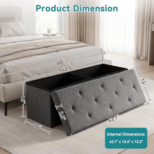 OLIXIS 43 Inch Folding Storage Ottoman Bench, Gray Ottoman with Storage - Image 3
