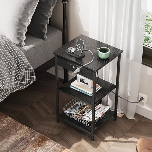 WLIVE Black End Table with Charging Station, Slim Night Stand with 3 Storage Shelves, Small Side Tables for Small Spaces, Bedside Tables for Living Room, Bedroom - Image 5