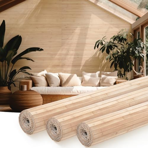 Juexica 3 Pcs Natural Bamboo Wall Panel for Interior Wall 48''x96'' Bamboo Covering Renewable Pole Wainscoting Room Divider Wrap Decor for Bedroom Living Room Kitchen Island Office (Light Carbonized) by Juexica