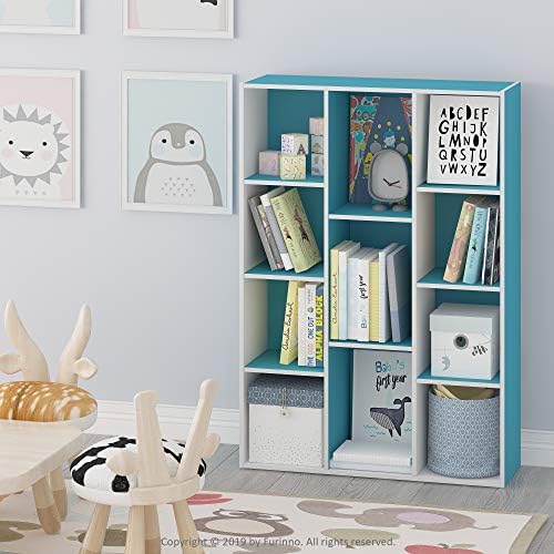 Furinno LUDER Book Shelf, 11-Cube Bookshelf, Reversible Bookcase, 9.4 x 29.1 x 41.7, Easy Assembly, for Living Room, Bedroom, Home Office, White/Light Blue - Image 2