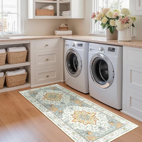 RELEANY Washable Area Rug, Runner 2'x5', Beige/Carbon Grey/Orange - Image 3