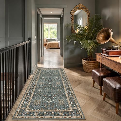 3x6 Washable Hallway Runner Rug, Non Slip Low Pile Vintage Rugs Green - Image 4