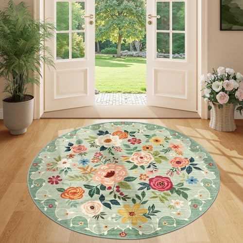 DUKINO 4ft Round Rug, Floral Washable Small Round Area Rug Non Slip, Green - Image 5