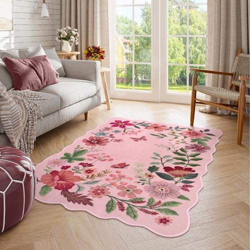 Lahome Floral Washable Rugs, 4X6 Pink Rugs for Bedroom Girls Living Room - Image 2