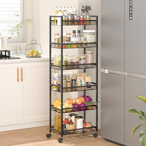 6 Tier Slim Rolling Storage Cart, Narrow Mobile Shelving Unit Organizer Utility Cart with Wheels, Metal Wire Storage Rack with Baskets for Kitchen, Bathroom, Laundry & Living Room, 10in(W) Black by ThreeHio