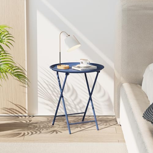 Garden 4 you Folding TV Tray Table, Metal Round Side Table, Blue Dinner Table with Metal Frame, Modern Outdoor Tray Table for Living Room, Bedroom, Patio & Small Spaces, 2 Packs - Image 7