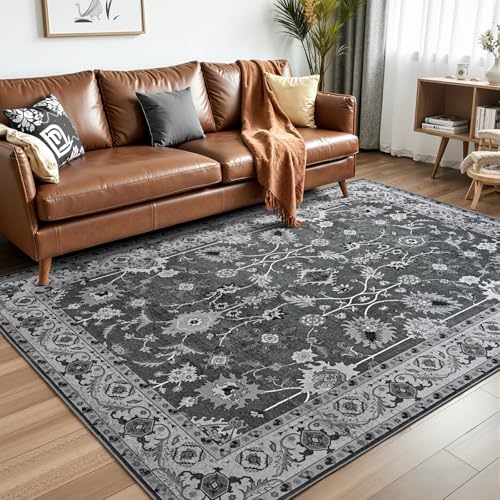 Hanples 4x6 Area Rugs for Living Room, Washable Rug Vintage Floral, Black by Hanples