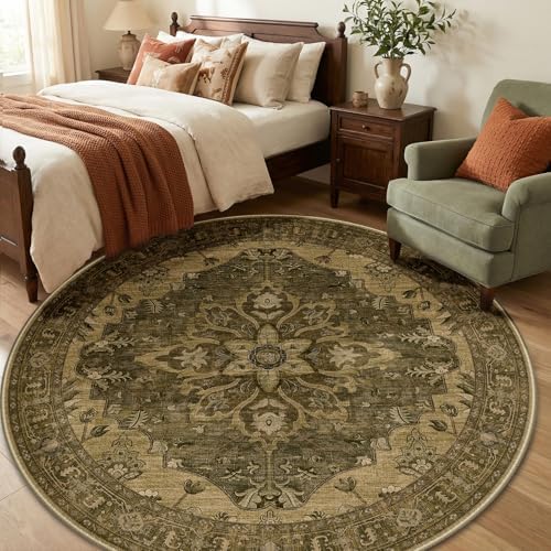 RELEANY Washable Area Rug, Round 6ft, Brown/Dark Brown - Image 3