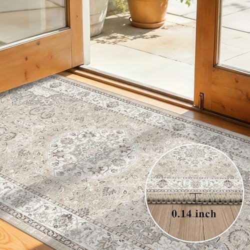 Washable 2x4 Entryway Area Rugs: Vintage Water Resistant Kitchen Rug Non-Slip Durable Doormat Ultra Soft Living Room Bedroom Carpet Indoor Low Pile Floor Mat for Bathroom Dining Room(2x4,Beige) - Image 5