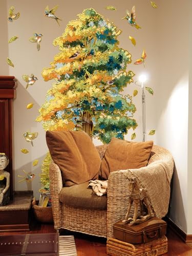 Golden Fall Tree Wall Stickers - Lush Gradient Tree Birds Falling Leaves Peel & Stick Removable Waterproof Wall Decals for Living Room Bedroom,88 cm x 106 cm - Image 3