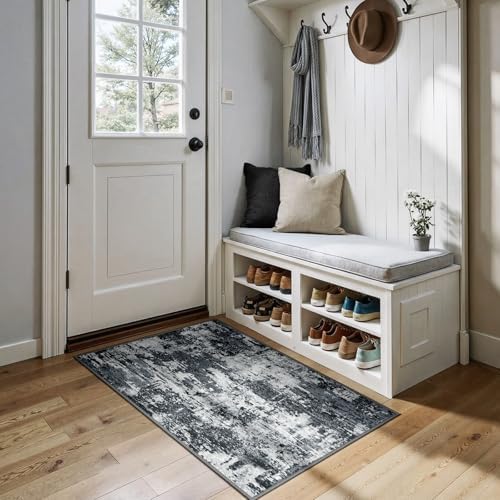 RELEANY Washable 3'x4' Abstract Area Rug for Living Room Black White by RELEANY
