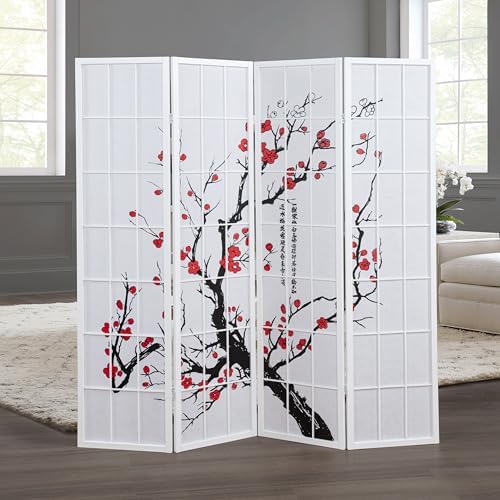Roundhill Furniture White Japanese 4-Panel Screen Room Divider, Plum Blossom by RoundhillFurniture