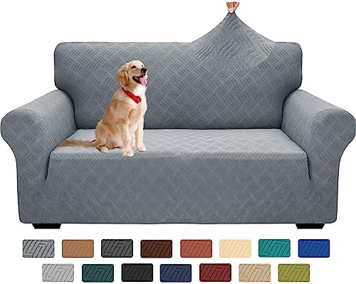 YEMYHOM Couch Cover Latest Jacquard Design High Stretch Sofa Covers for 2 Cushion Couch, Pet Dog Cat Proof Loveseat Slipcover Non Slip Elastic Furniture Protector (Medium, Leaf Pattern Light Gray) by YEMYHOM