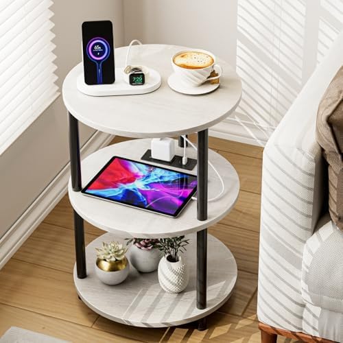 XBurmo Small Round End Table - 3 Tier Design Accent Table, Narrow Side or Bedside Stand, Industrial Vintage Table for Small Spaces, Built-in USB Ports and Power Outlet, Greige by XBurmo
