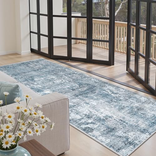 Soalmost Abstract Runner Rug 3x6 Hallway Kitchen Rugs Non-Slip, Blue/Grey by Soalmost