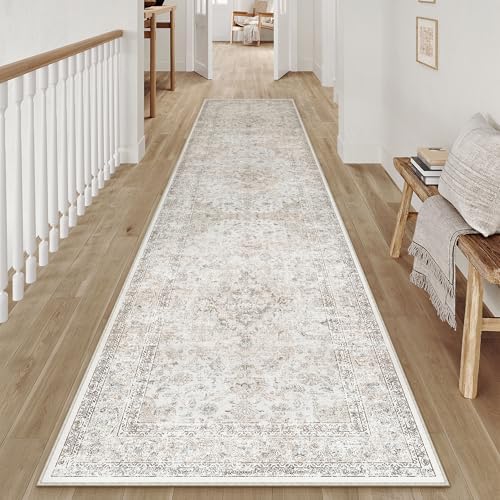 2x10 Washable Runner Rug Beige Grey Non Slip Vintage Carpet - Image 3