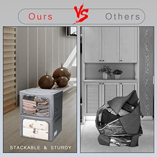 Stackable Clothes Storage Box for Clothing Gadgets,Steel Frame Storage Bins for Toys Gift,Foldable Oxford Fabric Closet Organizer Bag Set w/ Carry Handles Clear Window (Medium- 40L x3 Pack, Grey) - Image 5