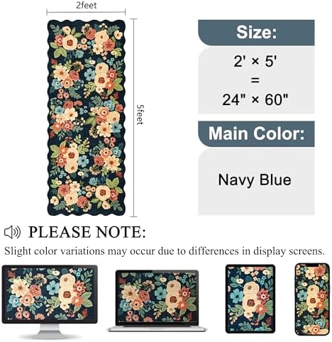 DUKINO 2x5 Washable Runner Rug, Floral Non Slip Kitchen Rug, Navy Blue - Image 2
